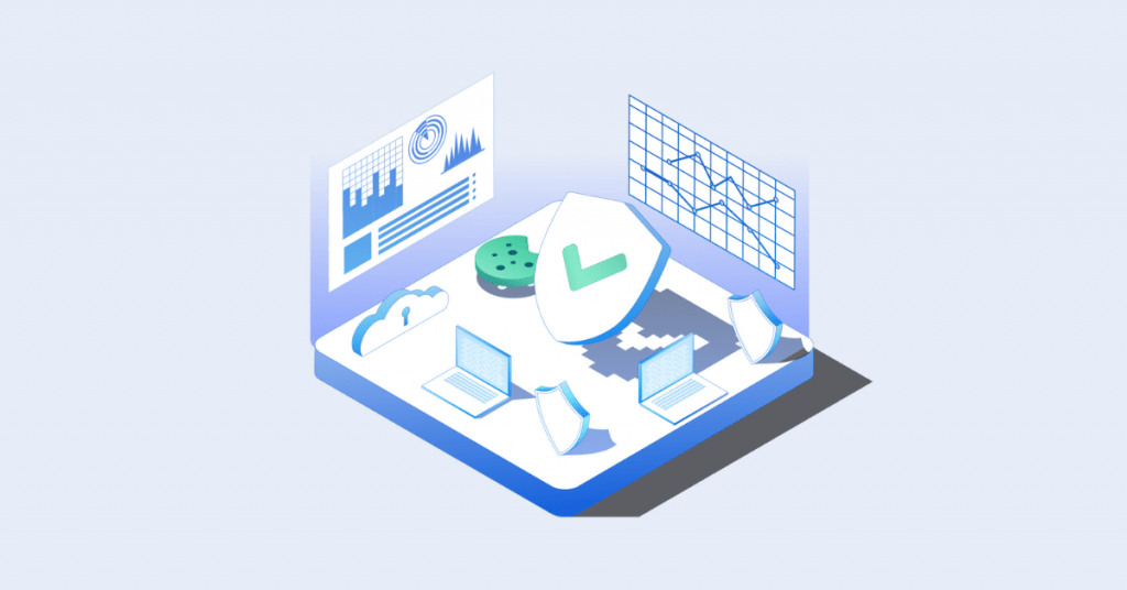 Illustration of compliance software dashboard with shield icons, cloud security, and analytics charts