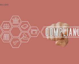 A hand pointing forward with the word COMPLIANCE highlighted, surrounded by hexagonal icons representing legal and regulatory elements like a courthouse, law book, gavel, and scales of justice, with the Techjockey.com logo in the corne