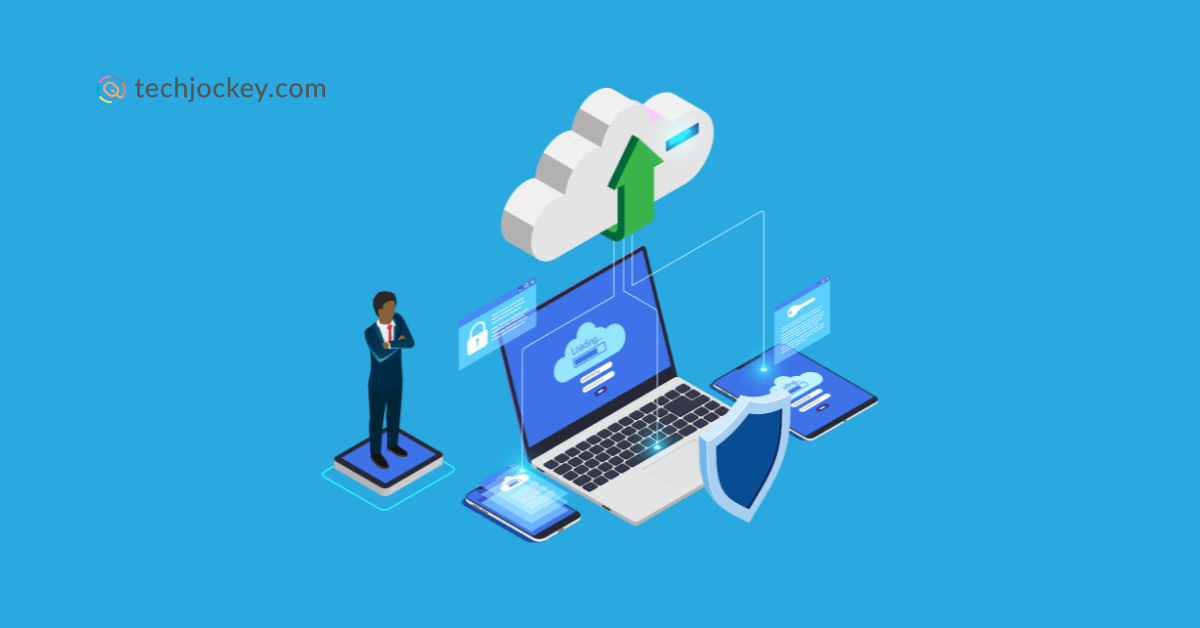 Digital security concept with laptop interface, shield and key icons, representing data access control and secure file backups.