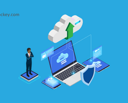 Digital security concept with laptop interface, shield and key icons, representing data access control and secure file backups.