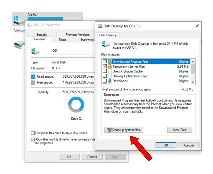 A snapshot of where to find Clean up system files option