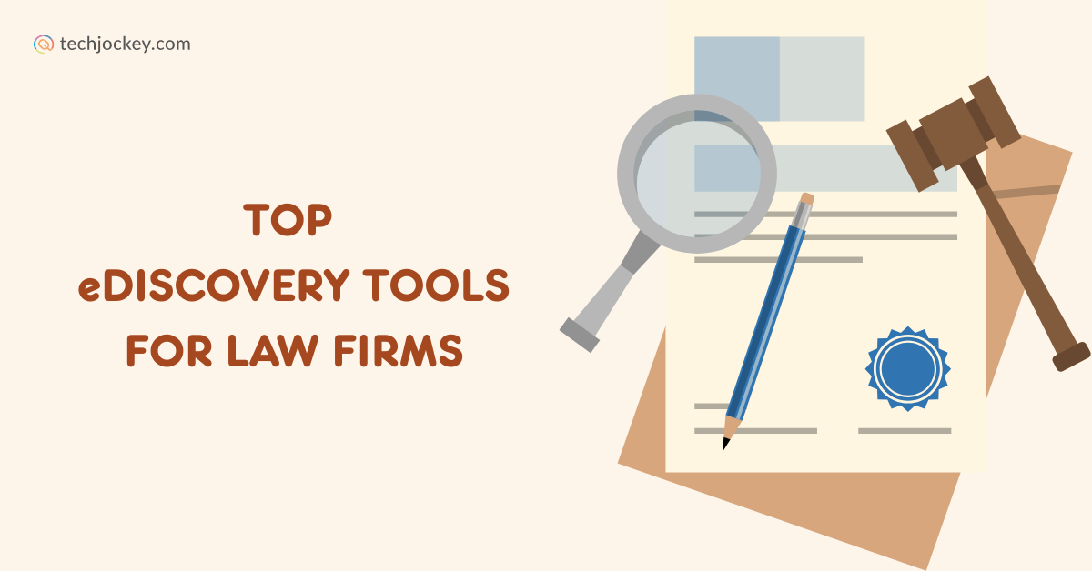 Gavel, magnifying glass, and pen on legal documents Top eDiscovery tools for law firms