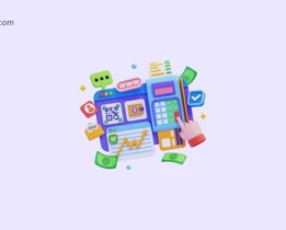 Colorful digital accounting illustration showing calculator online payment icons graphs and currency notes for financial management