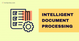 Illustration showing a checklist and gear icon with the text Intelligent Document Processing on a yellow background, representing automated document management.