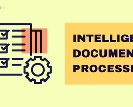 Illustration showing a checklist and gear icon with the text Intelligent Document Processing on a yellow background, representing automated document management.