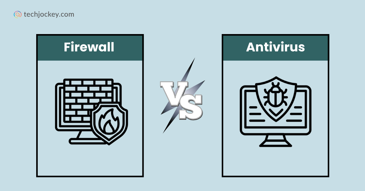 llustration showing Firewall vs Antivirus comparison with icons of a firewall and antivirus shield