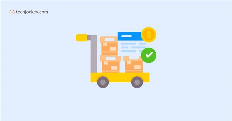 Illustration of procurement management software showing stacked boxes on a trolley with payment and approval icons.