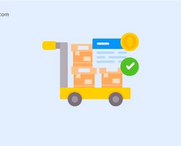 Illustration of procurement management software showing stacked boxes on a trolley with payment and approval icons.
