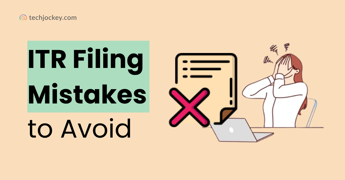 Illustration of a stressed person making ITR filing mistakes with a red cross mark on a tax form, highlighting errors to avoid.