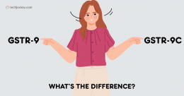 Illustration of a confused woman comparing GSTR-9 vs GSTR-9C with text asking what's the difference.
