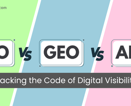 Comparison graphic with three panels showing SEO, GEO, and AEO, highlighting the differences in digital visibility strategies, with the text 'Cracking the Code of Digital Visibility' at the bottom