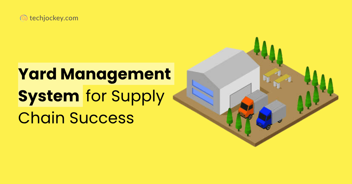 Illustration of a warehouse with trucks highlighting the importance of a Yard Management System for supply chain success.