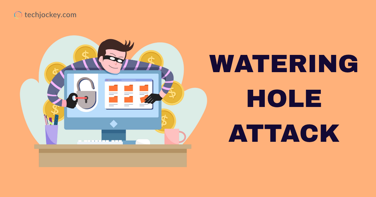 Illustration of a hacker unlocking a computer system representing a watering hole attack with techjockey.com branding