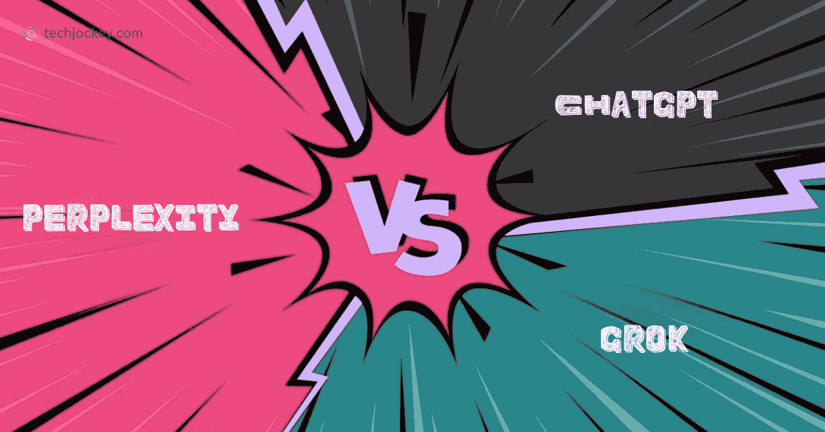 Illustration showing Perplexity vs ChatGPT vs Grok AI comparison in a comic-style graphic.