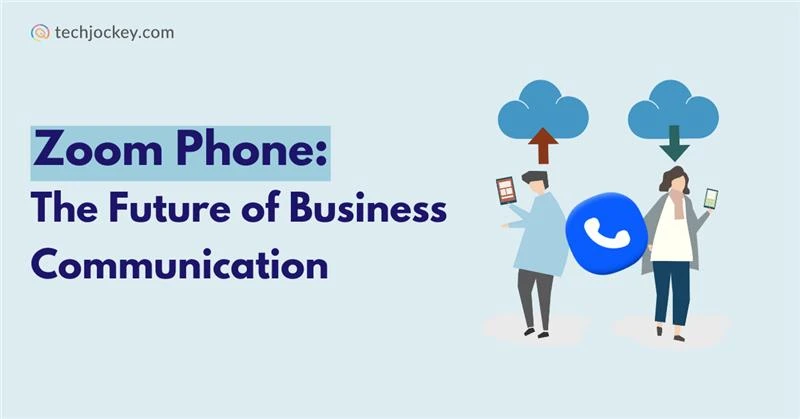 Illustration of two people using mobile devices connected to cloud with Zoom Phone logo, showcasing the future of business communication.