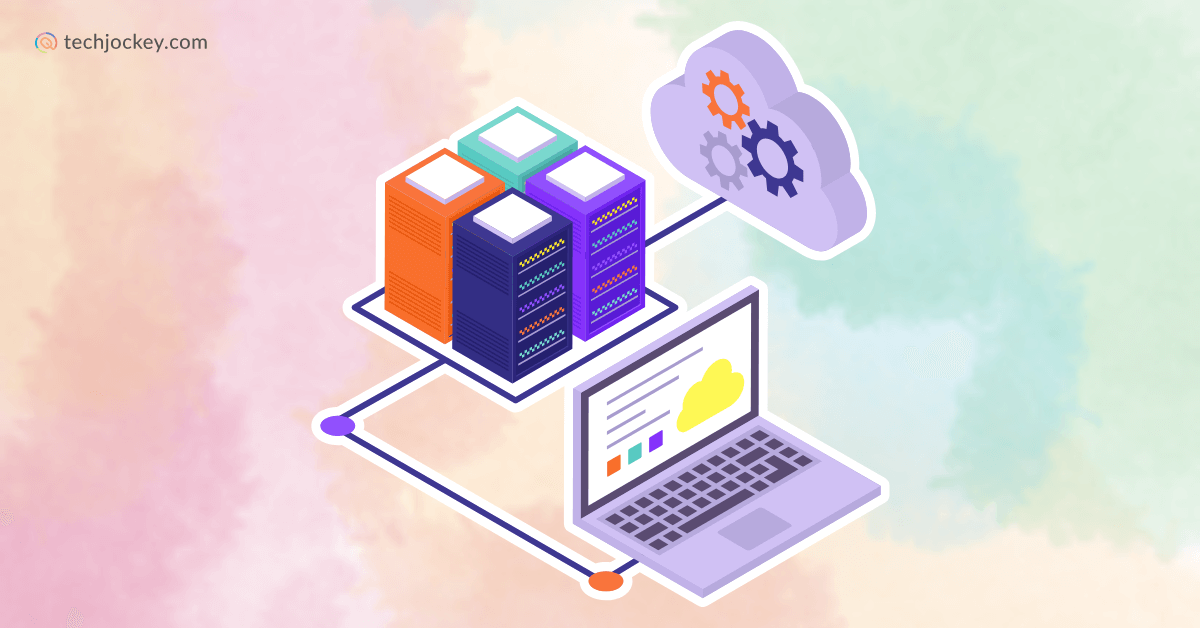 Illustration of a hostel management system with servers, cloud storage, and a laptop connected for digital operations