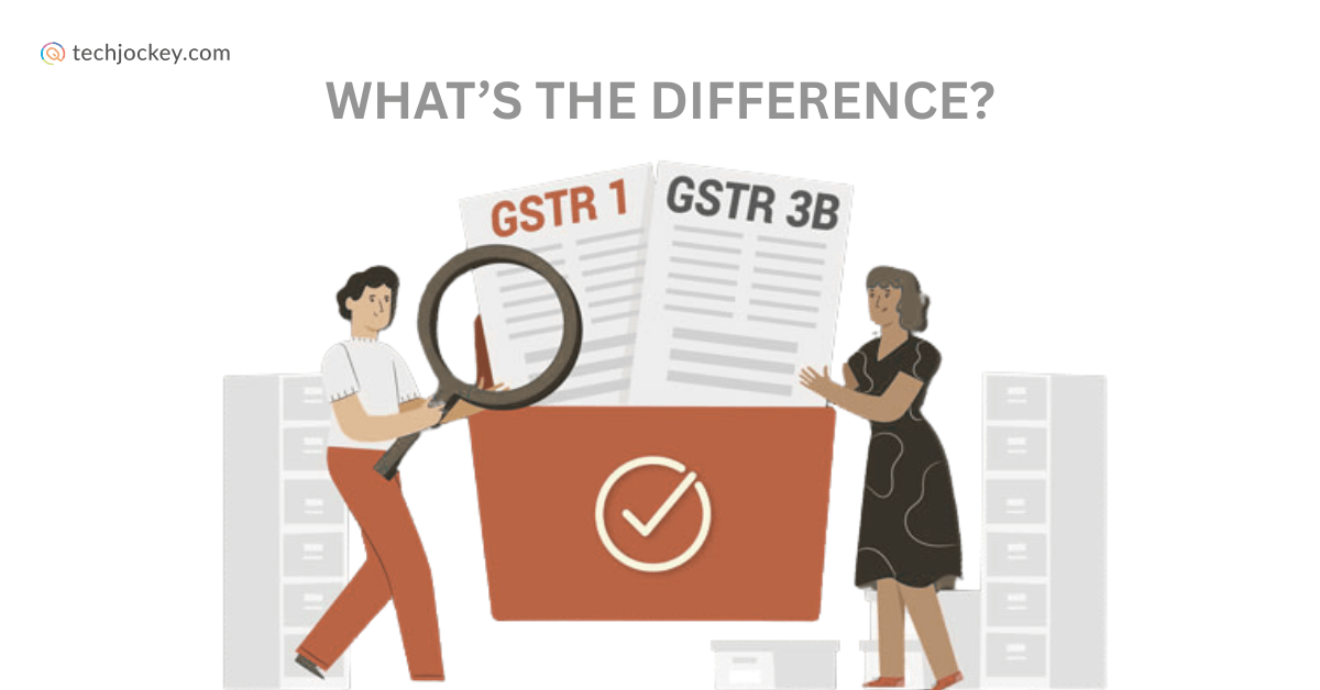 Illustration of two people comparing GSTR-1 and GSTR-3B forms to understand differences in GST return filing.