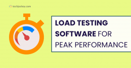 Illustration of a stopwatch with speedometer gauge and text Load Testing Software for Peak Performance by Techjockey.