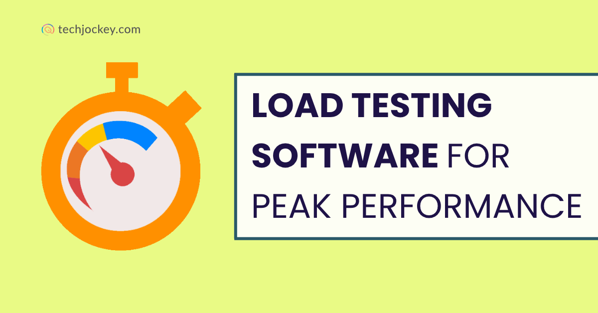 Illustration of a stopwatch with speedometer gauge and text Load Testing Software for Peak Performance by Techjockey.