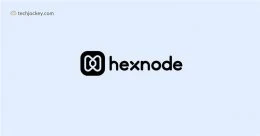 Hexnode Mobile Device Management logo displayed on a light blue background with Techjockey branding