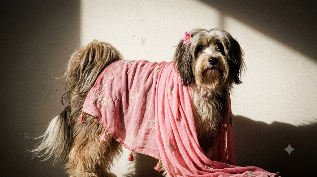 Dog draped in a pink saree-style dupatta created using a Google Gemini AI prompt