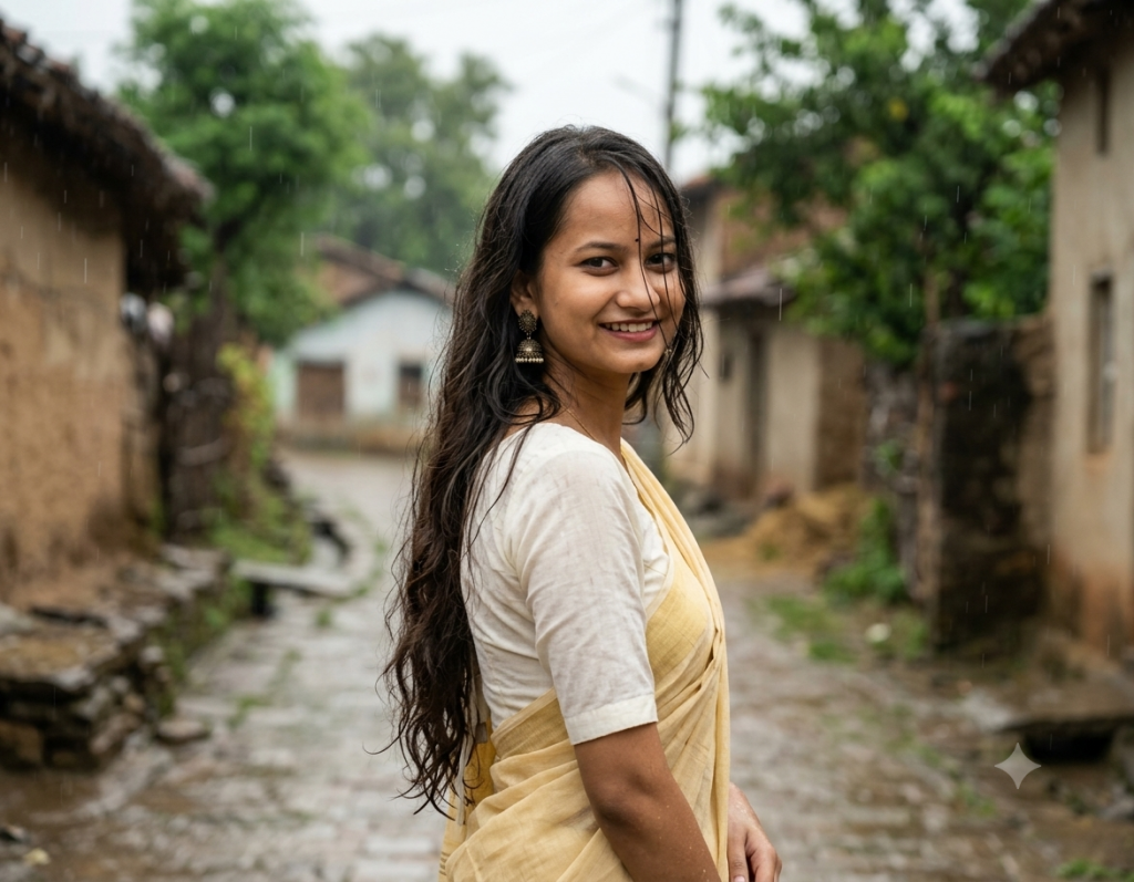 Woman wearing a simple saree on a rainy village street in a Google Gemini AI portrait