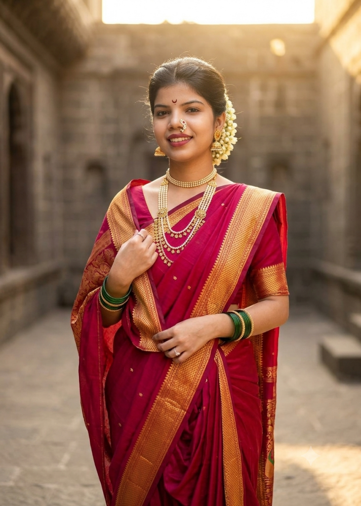 Woman in a traditional Marathi saree with gold jewellery and gajra created using Google Gemini AI