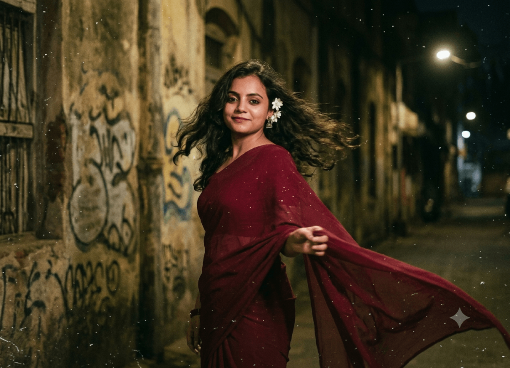 Woman in a flowing maroon saree posing at night in a cinematic Gemini AI portrait