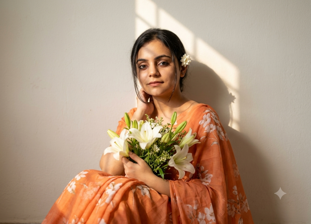 Woman in an orange floral saree holding white flowers in a warm Gemini AI portrait