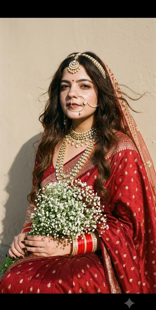 Bride in a traditional red saree with jewellery created using a Google Gemini AI prompt