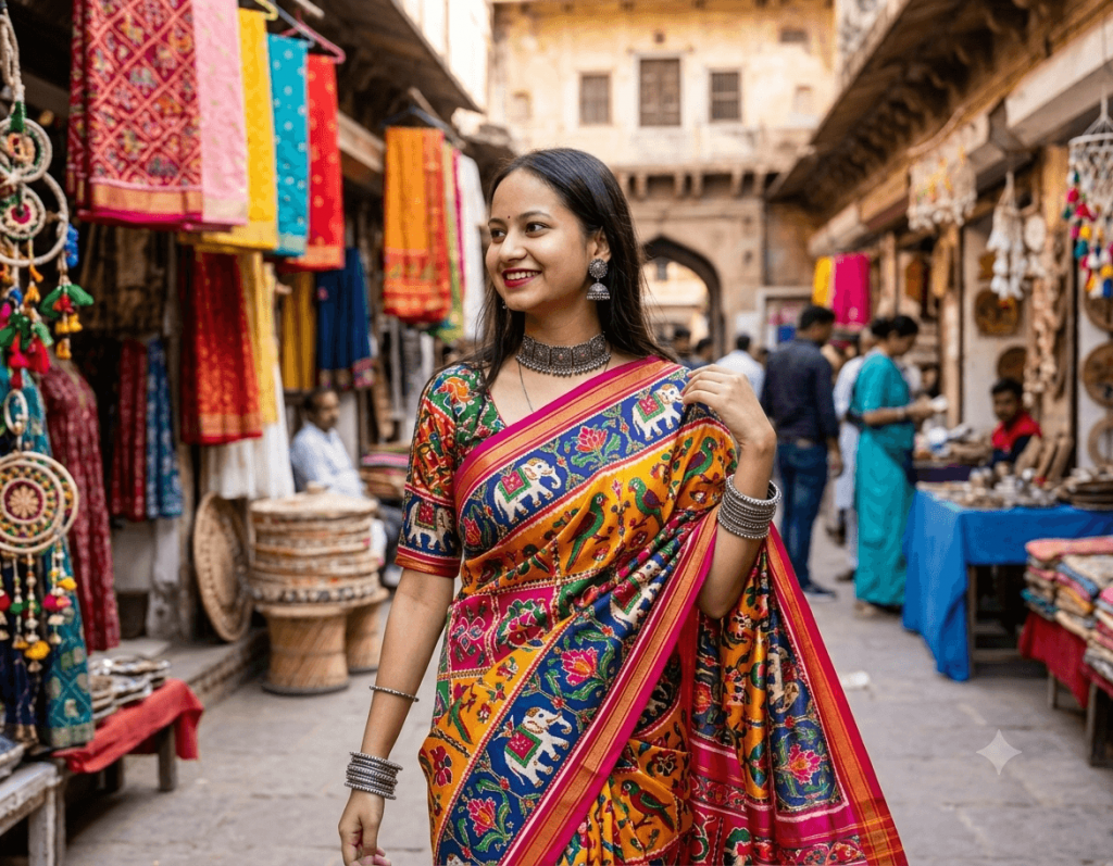 Woman wearing a colorful traditional saree in an Indian market created with Google Gemini AI