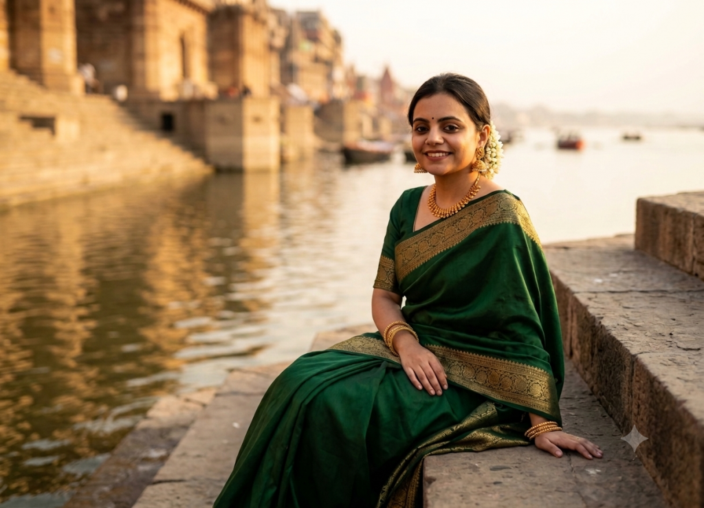 Woman in a green saree sitting by a Varanasi ghat in a Gemini AI-generated portrait