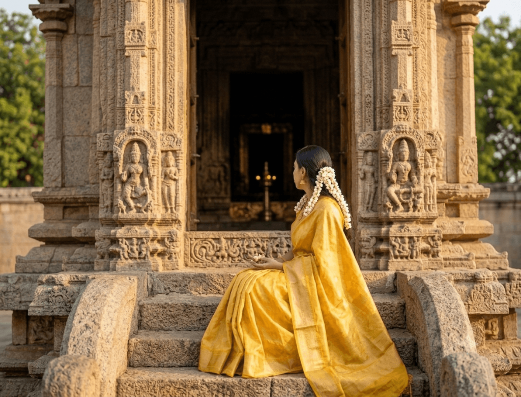 Woman in a yellow saree sitting at an ancient Indian temple in a Gemini AI-generated image