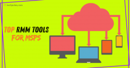 Illustration of cloud-based RMM tools connecting to multiple devices including desktop, laptop, tablet, and smartphone, with text Top RMM Tools for MSPs.