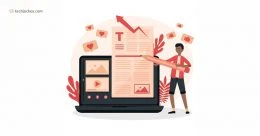 Illustration of a person standing next to an open laptop displaying content and online engagement, highlighting the role of AI tools for copywriting in content optimization