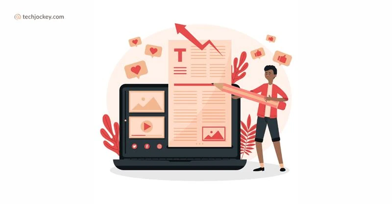 Illustration of a person standing next to an open laptop displaying content and online engagement, highlighting the role of AI tools for copywriting in content optimization