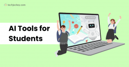 Illustration of students with backpacks celebrating beside a laptop showing AI-powered study tools, including a robot, open book, and science icons, with the text 'AI Tools for Students