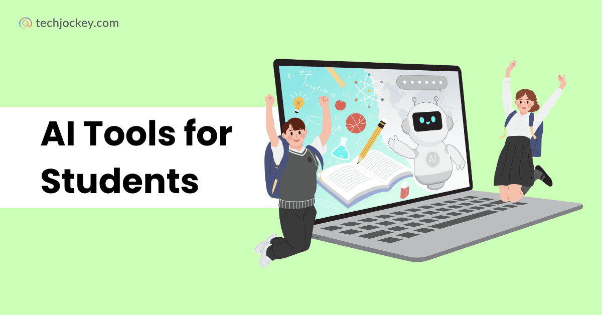 Illustration of students with backpacks celebrating beside a laptop showing AI-powered study tools, including a robot, open book, and science icons, with the text 'AI Tools for Students