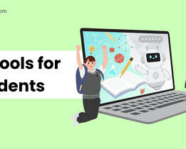 Illustration of students with backpacks celebrating beside a laptop showing AI-powered study tools, including a robot, open book, and science icons, with the text 'AI Tools for Students