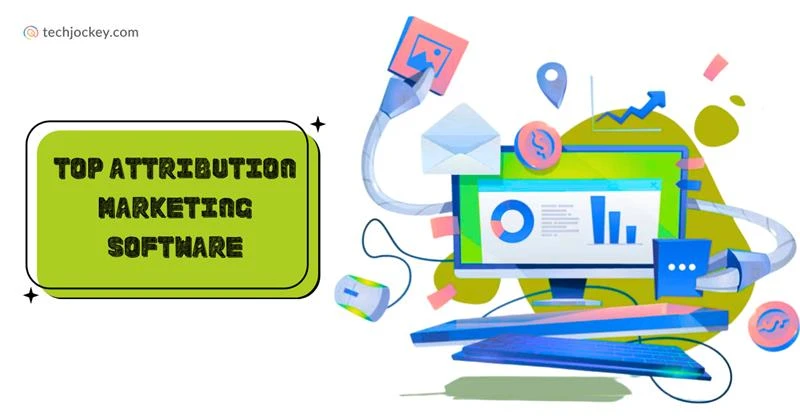Illustration of a computer screen with charts, graphs, and marketing icons showcasing the concept of top attribution marketing software.