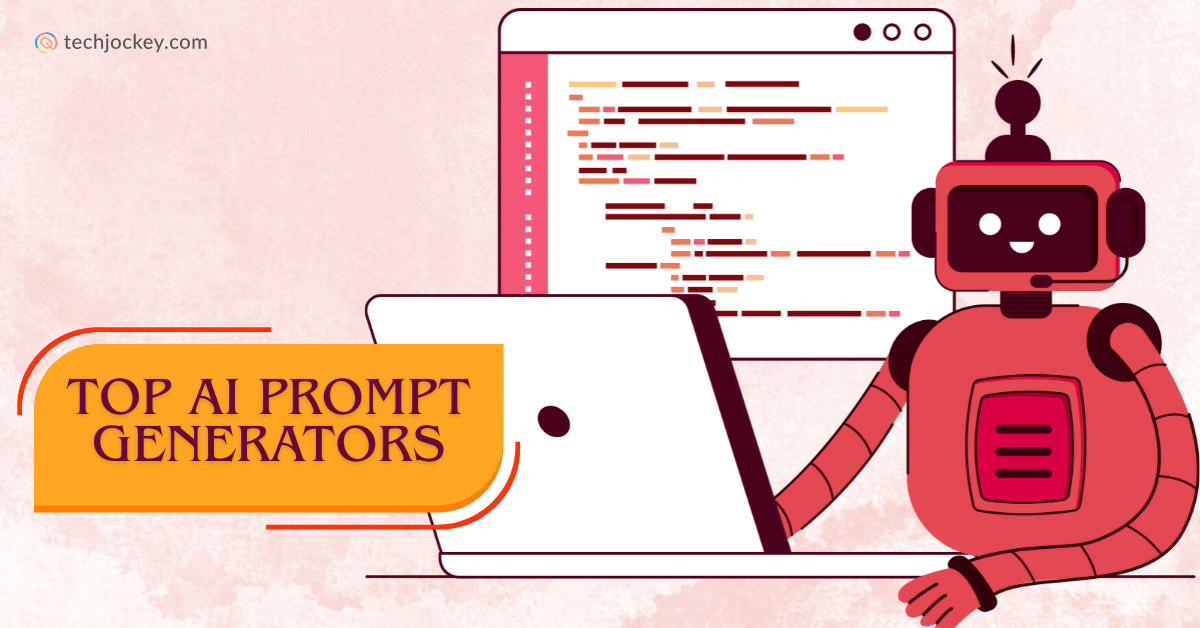 Illustration of a robot using a laptop with code on the screen, showcasing the concept of top AI prompt generators.