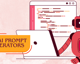 Illustration of a robot using a laptop with code on the screen, showcasing the concept of top AI prompt generators.