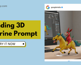 Advertisement banner featuring a colorful 3D figurine of a donkey riding a yellow horse, displayed on a desk beside its illustrated box, with the text Trending 3D Figurine Prompt Try It Now and branding from techjockey.com.