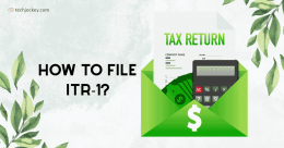 Illustration showing a green envelope containing a tax return document, calculator, and currency notes, with the heading How to File ITR-1 and techjockey.com branding.