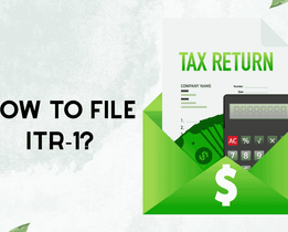 Illustration showing a green envelope containing a tax return document, calculator, and currency notes, with the heading How to File ITR-1 and techjockey.com branding.