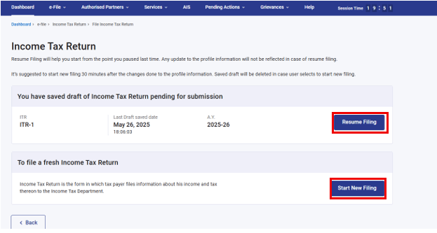 Income tax e-filing portal showing options to resume filing a saved draft of ITR-1 for assessment year 2025-26 or start a new filing.