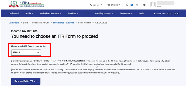 Income tax e-filing portal screen prompting the user to choose the ITR form, with ITR-1 selected from the dropdown menu.