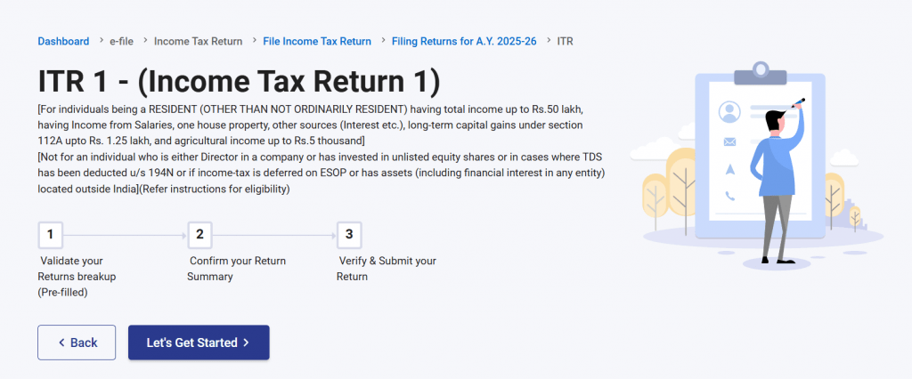 Income tax e-filing portal page for ITR-1 showing steps to file return: validate returns breakup, confirm return summary, and verify & submit return, with a button labeled Let's Get Started.