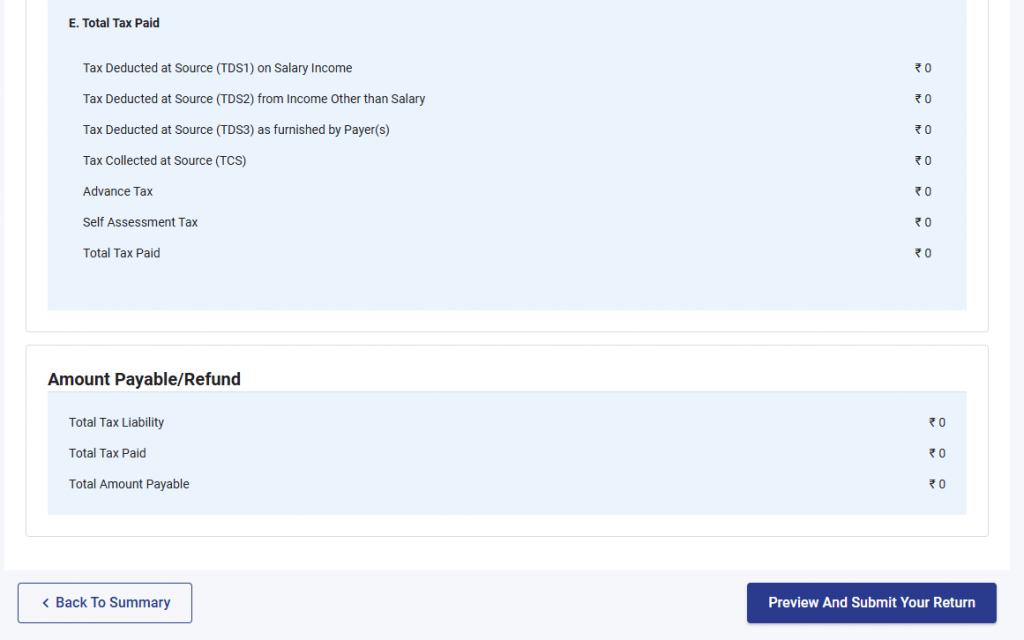 Screenshot of the income tax return portal showing the Total Tax Paid and Amount Payable/Refund section with all values displayed as zero. Buttons for Back To Summary and Preview And Submit Your Return are visible.
