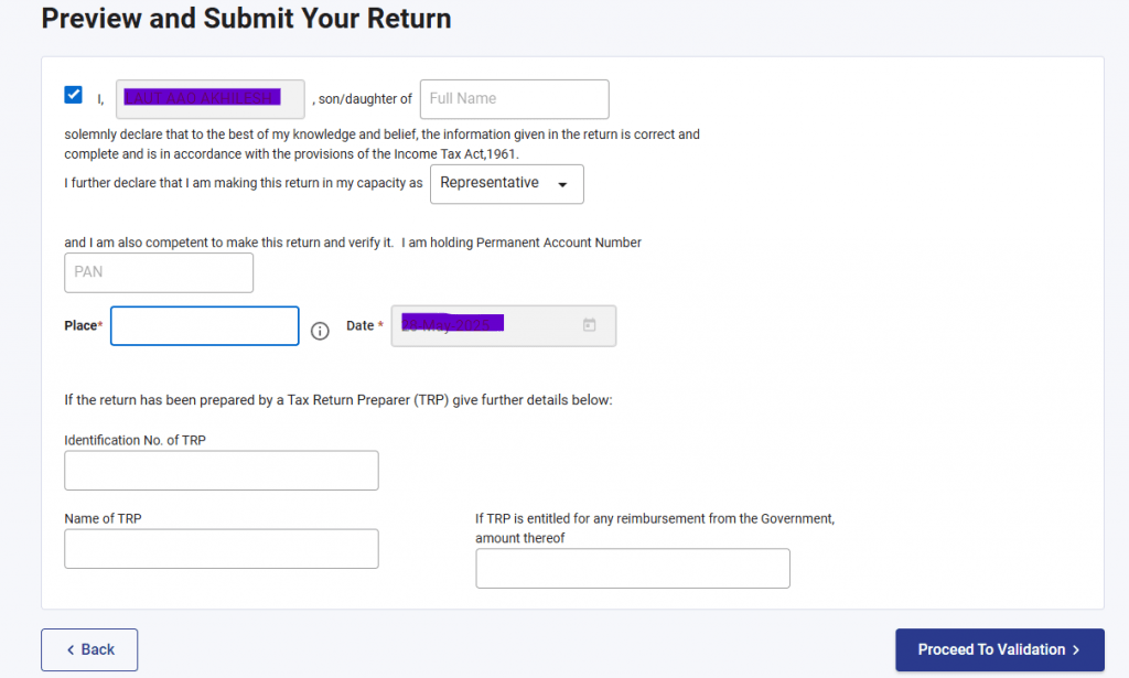 Screenshot of the Preview and Submit Your Return page on the income tax portal. It includes a declaration section, fields for name, PAN, place, and date, along with an option for Tax Return Preparer (TRP) details. The Proceed To Validation button is shown.